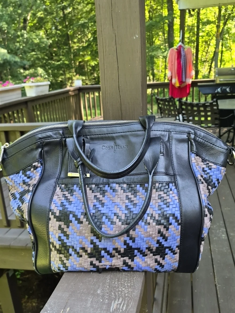Vintage Cole Haan Woven Blue Leather tote Crossbody Tote Bag